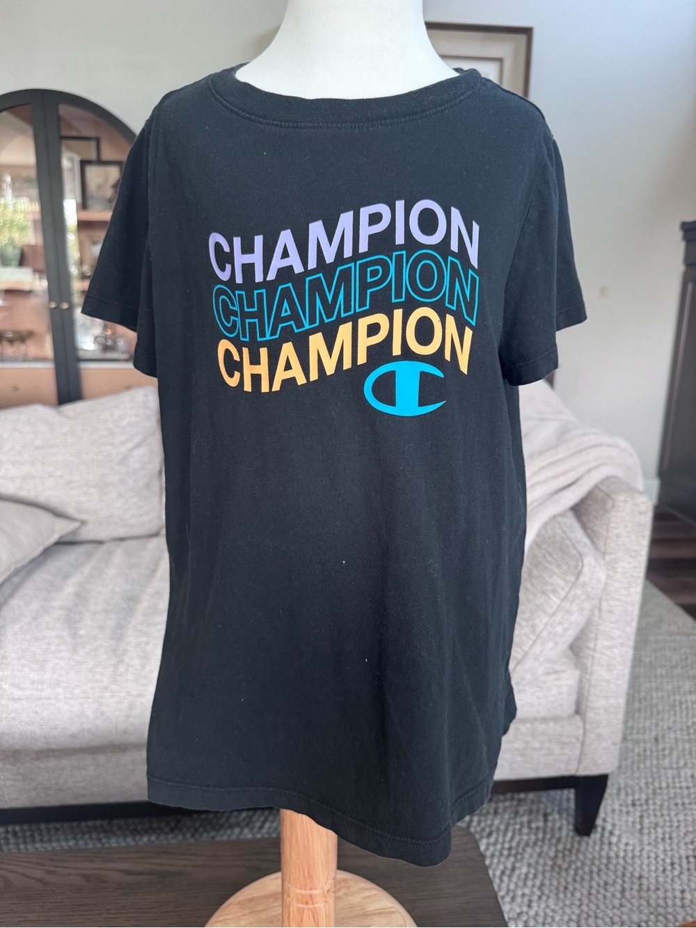 NWOT YXL (16) Champion Black Tee with Purple, Teal & Yellow Logo